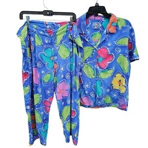 Jams World Womens L Shirt Pants Set Multicolor Hawaiian Aloha Tropical Floral